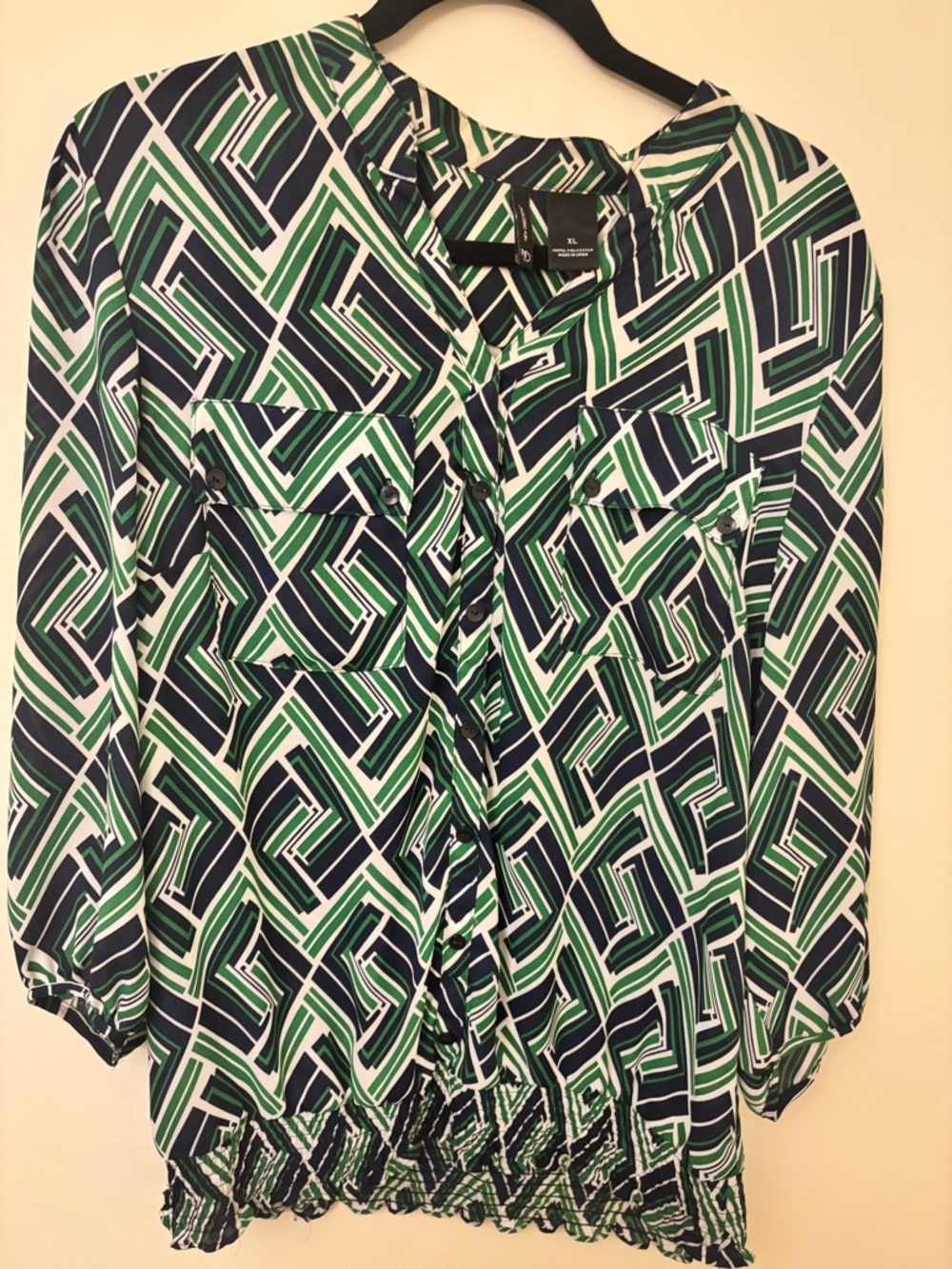 new directions Green Navy White Geometric Button-Front Blouse